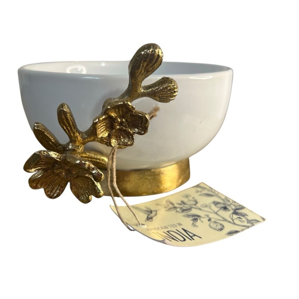 White Ceramic Bowl with Gold Cherry Blossom Floral Accent Made in India